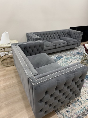 Gray velvet tufted sofa - gray, set